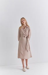 Beige Linen Wrap Midi Dress with Long Sleeves, Collared Neckline, and Waist Tie Detail