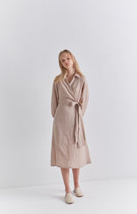 Beige Linen Wrap Midi Dress with Long Sleeves, Collared Neckline, and Waist Tie Detail
