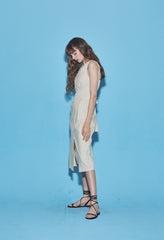 Sleeveless Button-Front Linen Midi Dress With Waist Tie And V-Neckline Detail