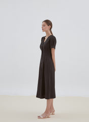 Button-Front Midi Linen Dress with V-Neckline and Tailored Waist for Elegant Feminine Style