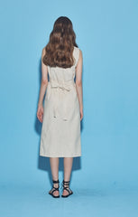 Sleeveless Button-Front Linen Midi Dress With Waist Tie And V-Neckline Detail
