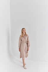 Beige Linen Wrap Midi Dress with Long Sleeves, Collared Neckline, and Waist Tie Detail