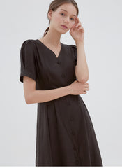 Button-Front Midi Linen Dress with V-Neckline and Tailored Waist for Elegant Feminine Style