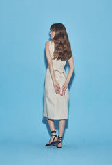 Sleeveless Button-Front Linen Midi Dress With Waist Tie And V-Neckline Detail