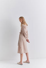 Beige Linen Wrap Midi Dress with Long Sleeves, Collared Neckline, and Waist Tie Detail