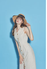 Sleeveless Button-Front Linen Midi Dress With Waist Tie And V-Neckline Detail