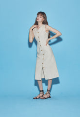 Sleeveless Button-Front Linen Midi Dress With Waist Tie And V-Neckline Detail