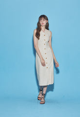 Sleeveless Button-Front Linen Midi Dress With Waist Tie And V-Neckline Detail
