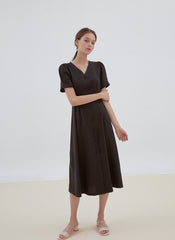 Button-Front Midi Linen Dress with V-Neckline and Tailored Waist for Elegant Feminine Style