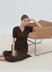 Button-Front Midi Linen Dress with V-Neckline and Tailored Waist for Elegant Feminine Style