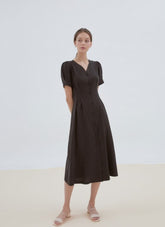 Button-Front Midi Linen Dress with V-Neckline and Tailored Waist for Elegant Feminine Style