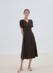 Button-Front Midi Linen Dress with V-Neckline and Tailored Waist for Elegant Feminine Style