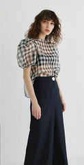Linen Blouse With Puff Sleeves And Sheer Plaid Overlay For Structured Feminine Styling
