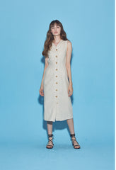 Sleeveless Button-Front Linen Midi Dress With Waist Tie And V-Neckline Detail
