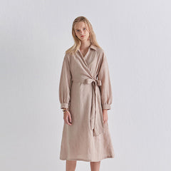 Beige Linen Wrap Midi Dress with Long Sleeves, Collared Neckline, and Waist Tie Detail