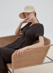 Button-Front Midi Linen Dress with V-Neckline and Tailored Waist for Elegant Feminine Style