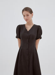 Button-Front Midi Linen Dress with V-Neckline and Tailored Waist for Elegant Feminine Style