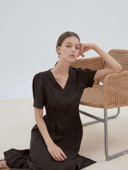 Button-Front Midi Linen Dress with V-Neckline and Tailored Waist for Elegant Feminine Style