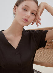 Button-Front Midi Linen Dress with V-Neckline and Tailored Waist for Elegant Feminine Style