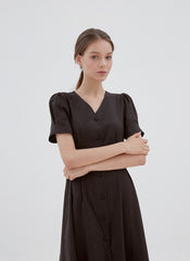 Button-Front Midi Linen Dress with V-Neckline and Tailored Waist for Elegant Feminine Style
