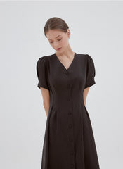 Button-Front Midi Linen Dress with V-Neckline and Tailored Waist for Elegant Feminine Style