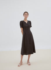 Button-Front Midi Linen Dress with V-Neckline and Tailored Waist for Elegant Feminine Style