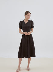 Button-Front Midi Linen Dress with V-Neckline and Tailored Waist for Elegant Feminine Style