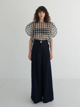 Linen Blouse With Puff Sleeves And Sheer Plaid Overlay For Structured Feminine Styling