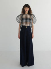 Linen Blouse With Puff Sleeves And Sheer Plaid Overlay For Structured Feminine Styling