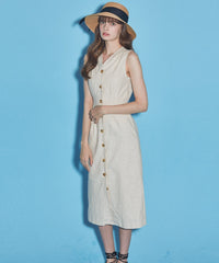 Sleeveless Button-Front Linen Midi Dress With Waist Tie And V-Neckline Detail