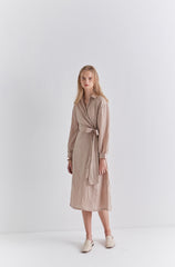 Beige Linen Wrap Midi Dress with Long Sleeves, Collared Neckline, and Waist Tie Detail