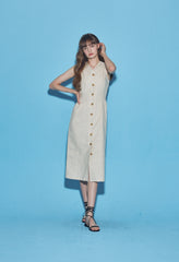 Sleeveless Button-Front Linen Midi Dress With Waist Tie And V-Neckline Detail