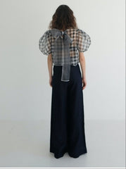 Linen Blouse With Puff Sleeves And Sheer Plaid Overlay For Structured Feminine Styling