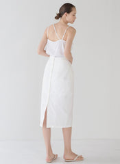 High-Waisted Linen Midi Skirt with Back Slit and Tailored Waistband for Effortless Elegance