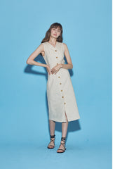 Sleeveless Button-Front Linen Midi Dress With Waist Tie And V-Neckline Detail