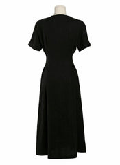 Button-Front Midi Linen Dress with V-Neckline and Tailored Waist for Elegant Feminine Style