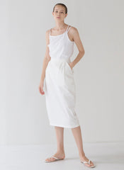 High-Waisted Linen Midi Skirt with Back Slit and Tailored Waistband for Effortless Elegance