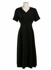 Button-Front Midi Linen Dress with V-Neckline and Tailored Waist for Elegant Feminine Style