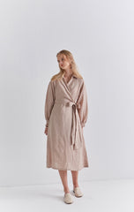 Beige Linen Wrap Midi Dress with Long Sleeves, Collared Neckline, and Waist Tie Detail