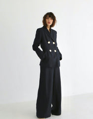 High-Waisted Wide-Leg Linen Pants With Front Pleats and Statement Button Detail
