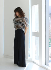 Linen Blouse With Puff Sleeves And Sheer Plaid Overlay For Structured Feminine Styling