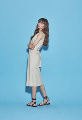 Sleeveless Button-Front Linen Midi Dress With Waist Tie And V-Neckline Detail