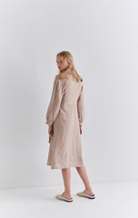 Beige Linen Wrap Midi Dress with Long Sleeves, Collared Neckline, and Waist Tie Detail