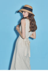 Sleeveless Button-Front Linen Midi Dress With Waist Tie And V-Neckline Detail