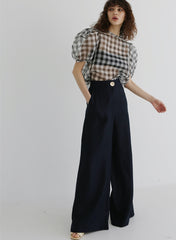 Linen Blouse With Puff Sleeves And Sheer Plaid Overlay For Structured Feminine Styling