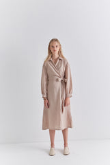 Beige Linen Wrap Midi Dress with Long Sleeves, Collared Neckline, and Waist Tie Detail