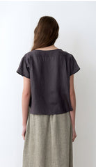 Boxy Short-Sleeve Linen Blouse With Boat Neckline And Back Yoke For Relaxed Structure