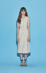 Sleeveless Button-Front Linen Midi Dress With Waist Tie And V-Neckline Detail