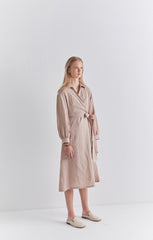 Beige Linen Wrap Midi Dress with Long Sleeves, Collared Neckline, and Waist Tie Detail