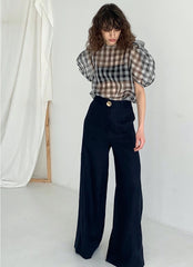 High-Waisted Wide-Leg Linen Pants With Front Pleats and Statement Button Detail